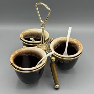 Vintage Dripware Stoneware Condiment Server Set  with Spoons Retro Vibe